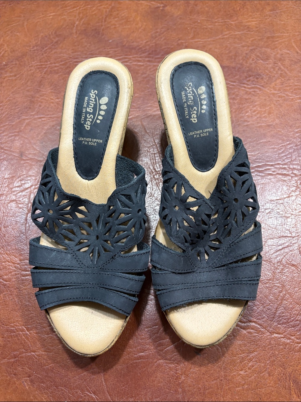 Spring Step Black Laser-Cut Leather Slide Mules 39